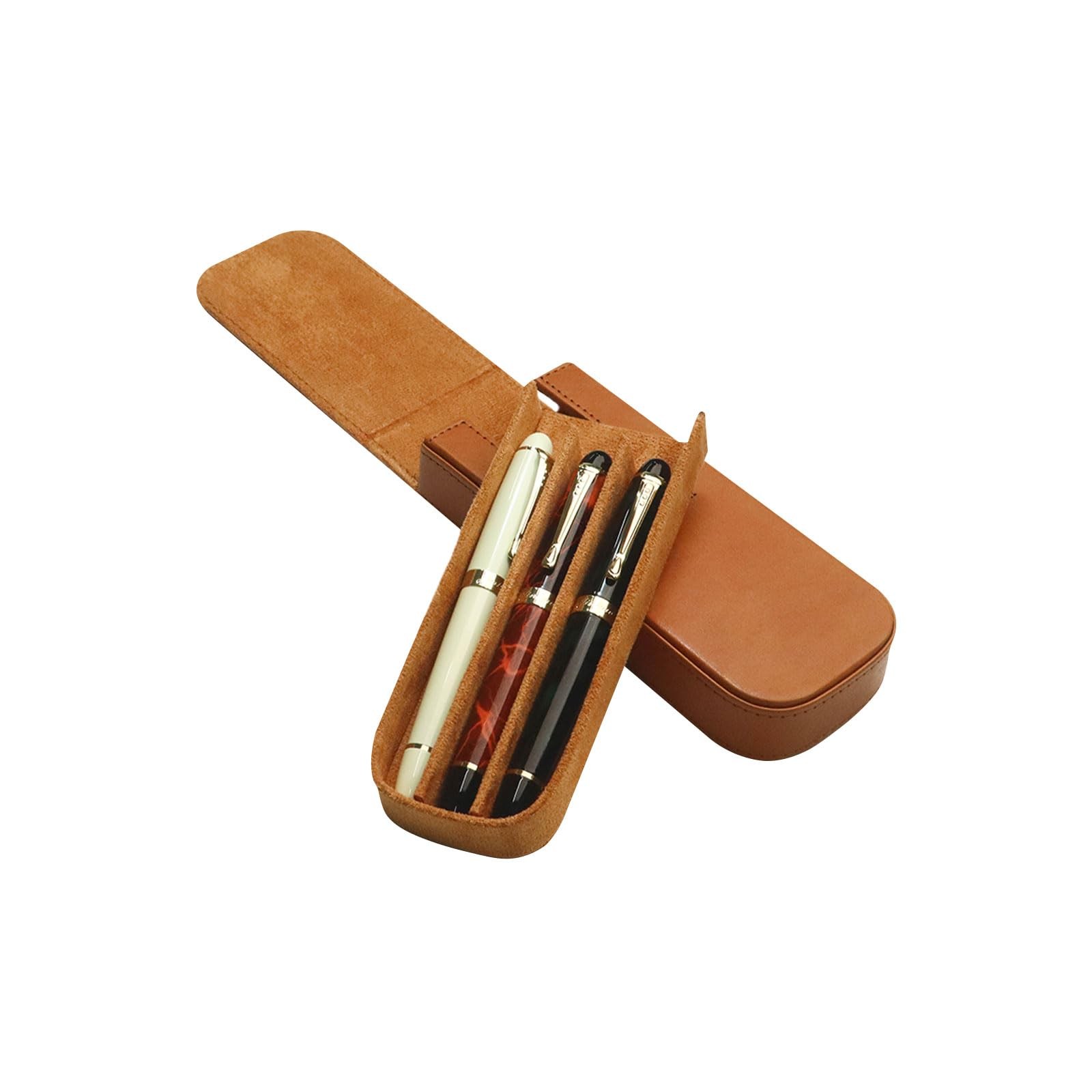 MIVLXLX Brown Leather Triple Pen Case for Fountain, Ballpoint, Rollerball Pens