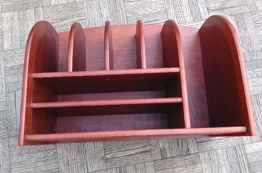 Vintage REAL Wood Leatherette Rattan Desktop Document & Mail Organizer RARE VNC