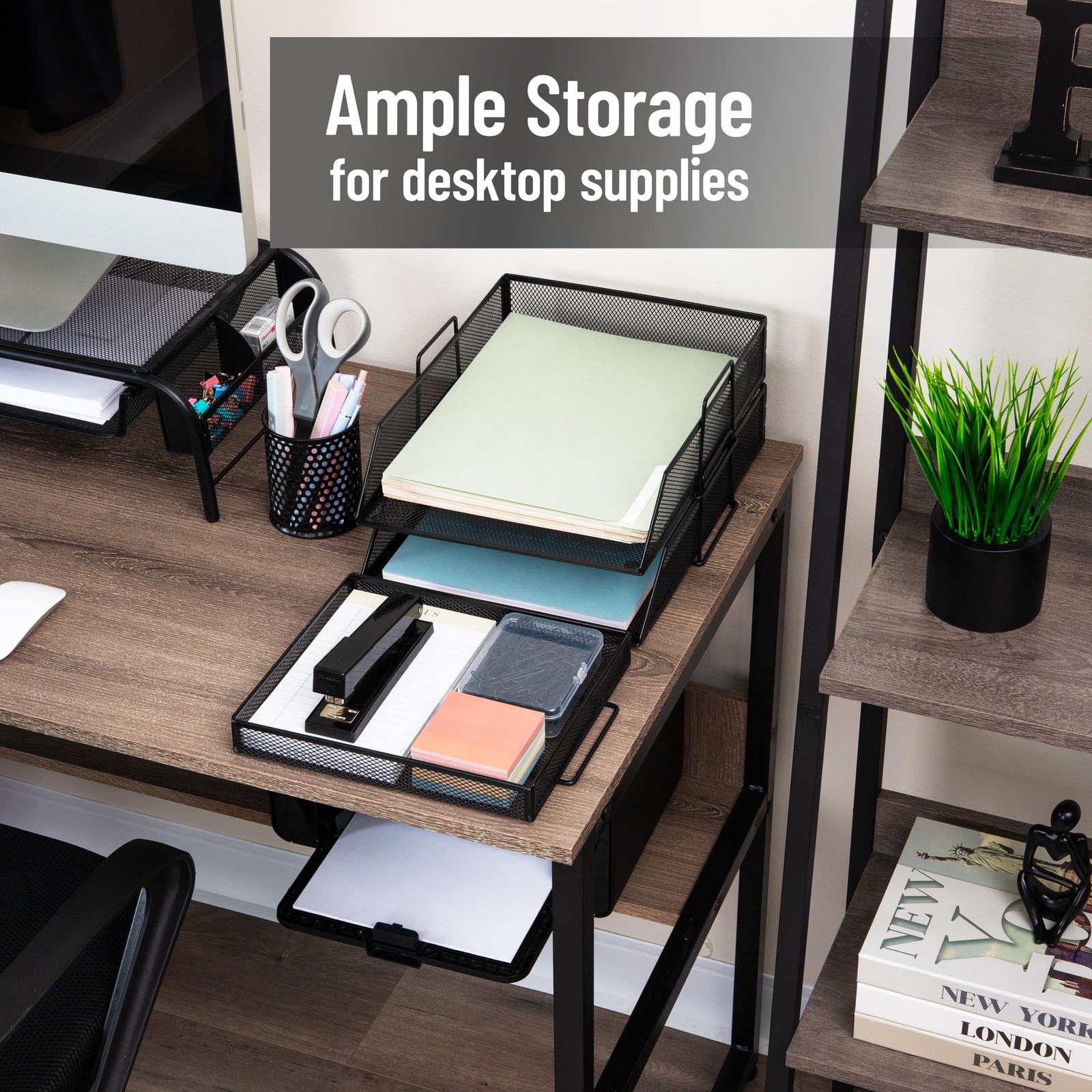 2 Tier Paper Tray Top Supply Compartment Desktop File Organizer Metal Black