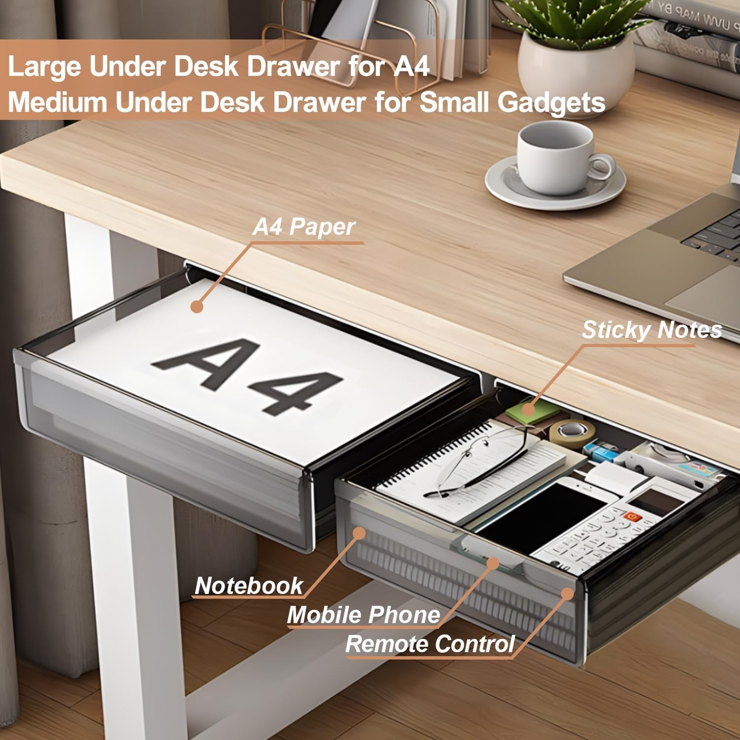 Under Desk Table Drawer Storage Organizer Large Medium Slide Out Tray 2 PCS