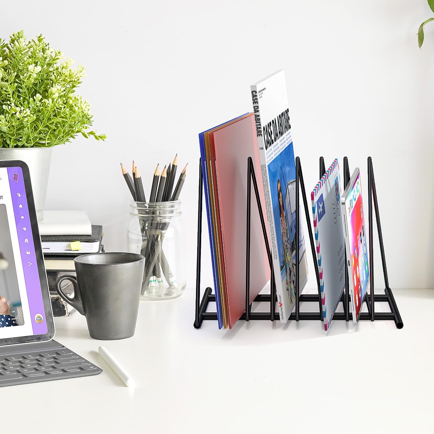 Triangle Desk File Organizer, 7 Slots Metal File Sorter Magazine Holder Document