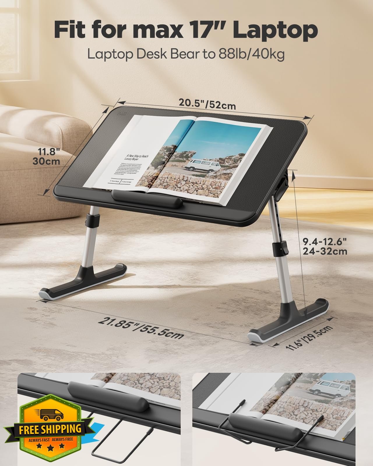 SAIJI Black Lap Desk Stand 20.5″x11.8″ Reading