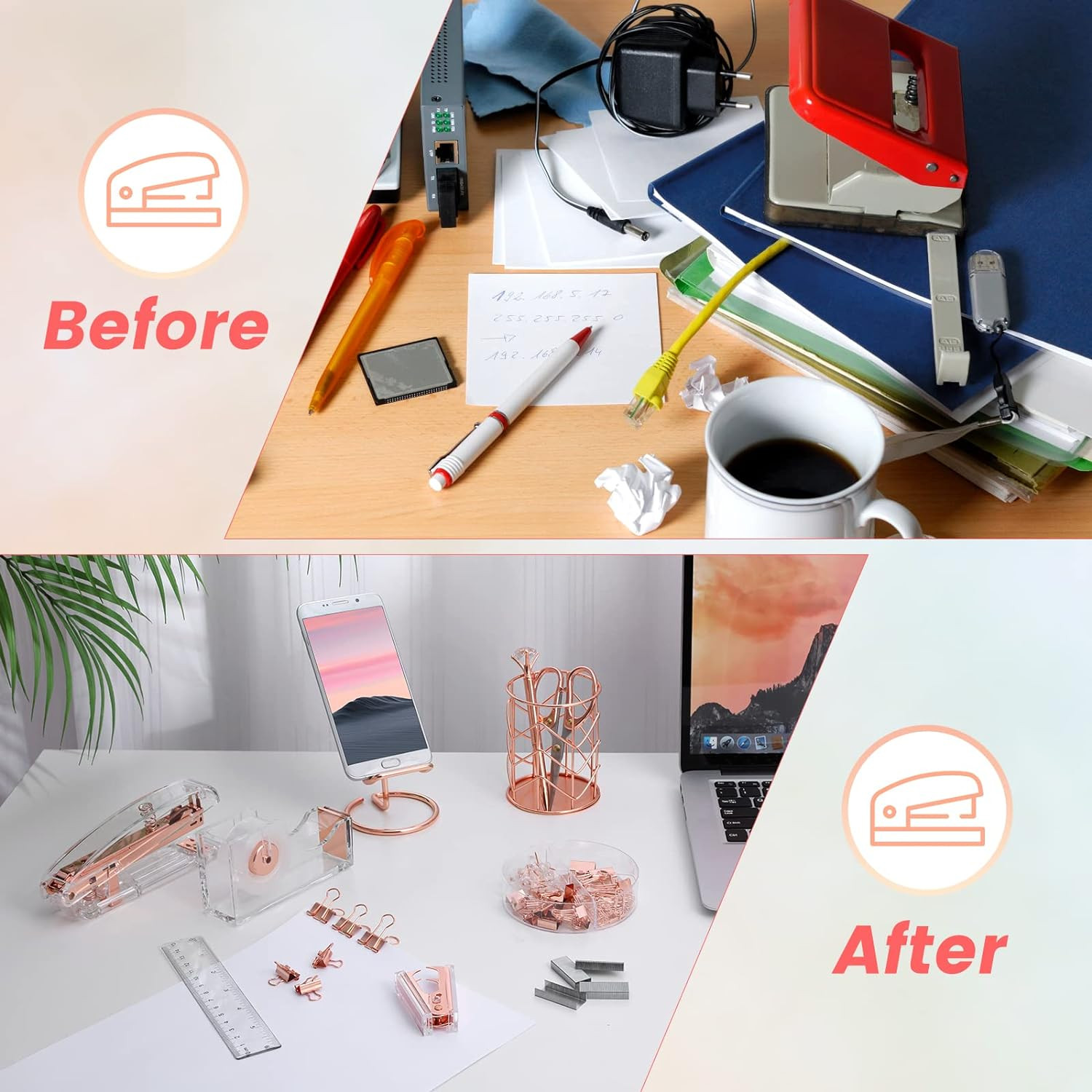 Rose Gold Desk Accessories Cute Office Supplies Set Acrylic Stapler Pen Holder