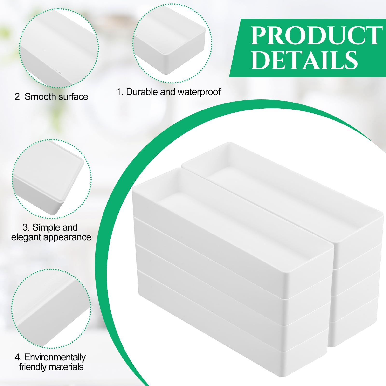 Teling 8 Pcs Plastic Desk Drawer Organizer Rectangular 9.45 x 2.95 x White