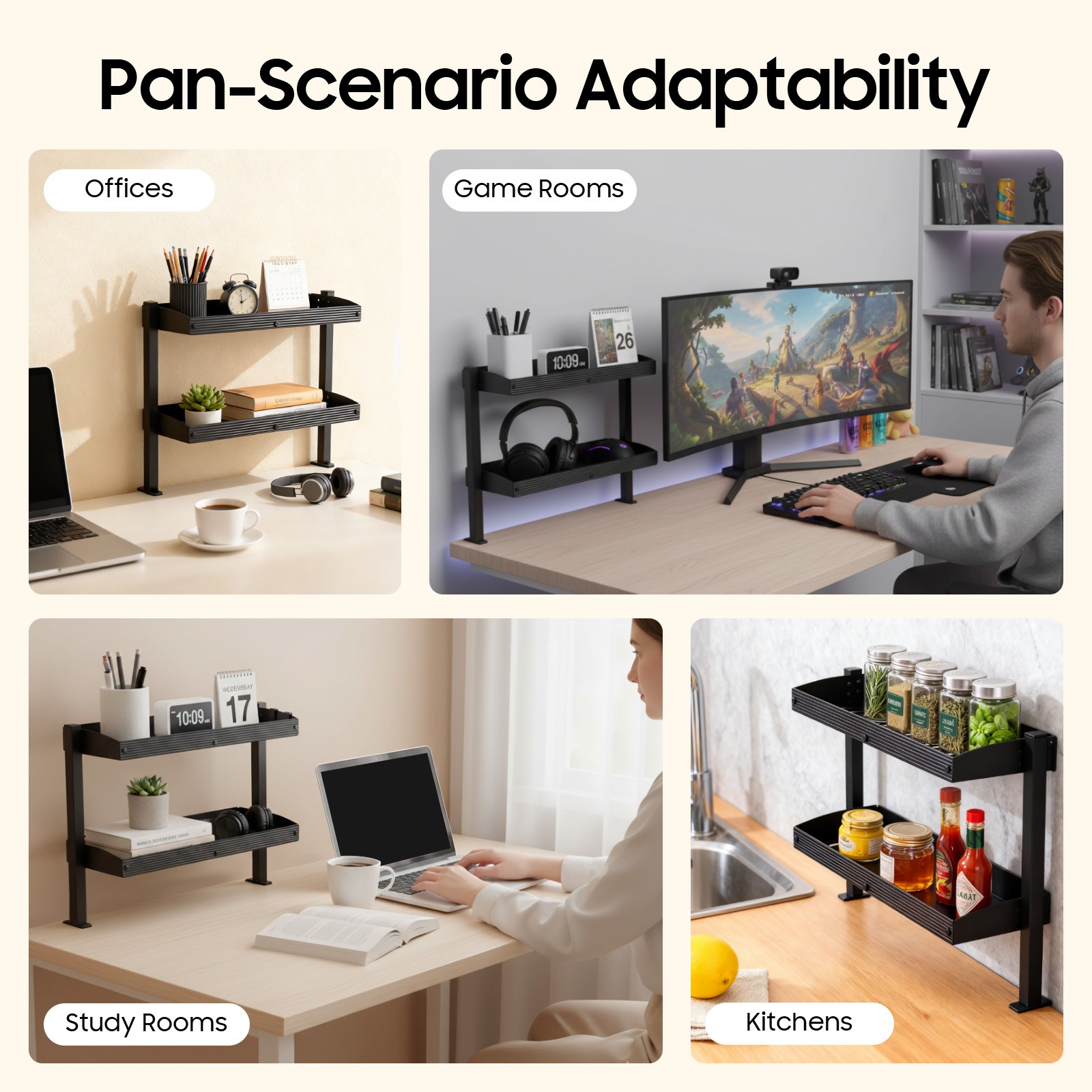 2Tier Clip-on Desktop Organizer Desk Shelf w/Adjustable Storage Tray Home Office