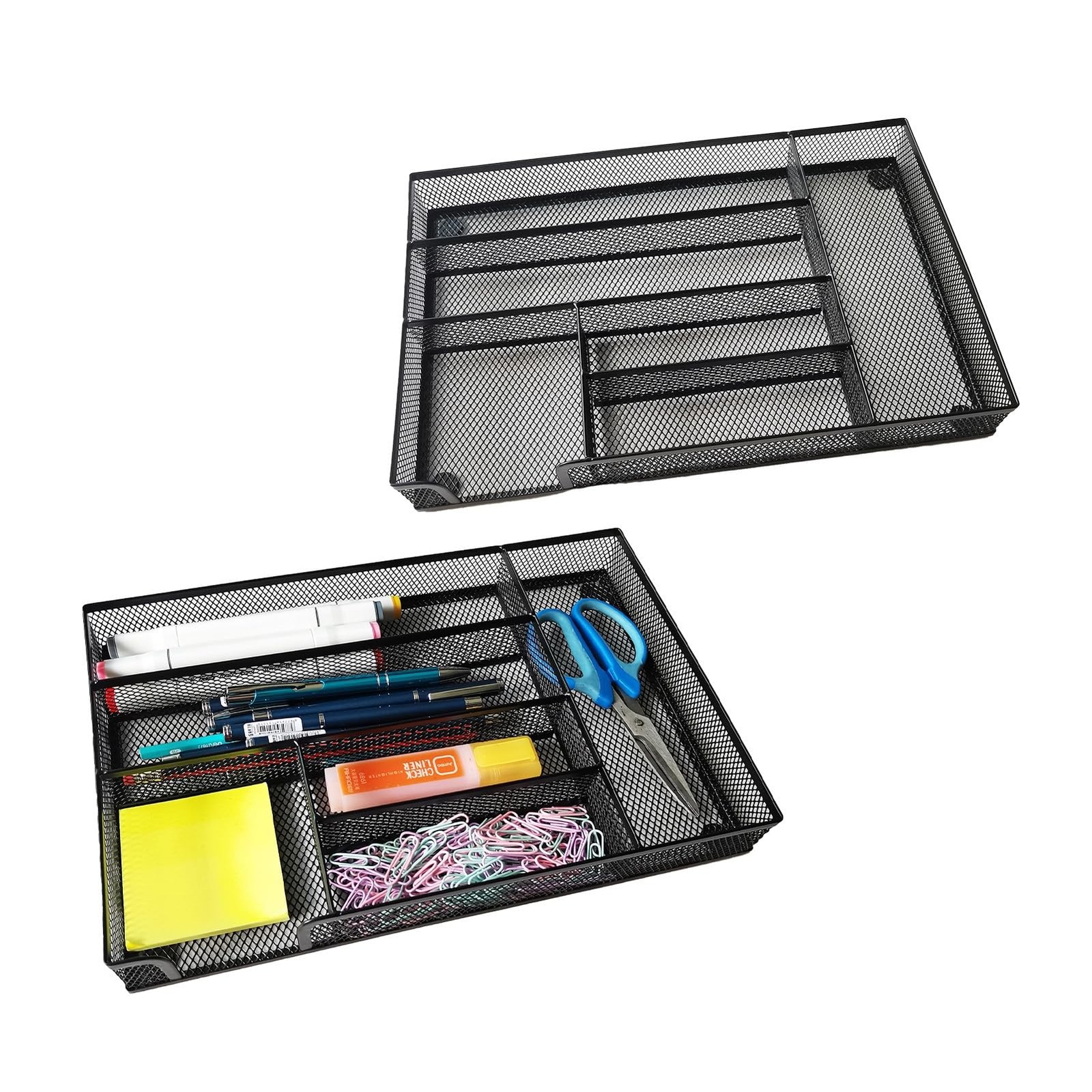 Mesh Desk Drawer Organizer Tray 6 Compartment Black 2 PCS 12.6×8.27×1.57 Inch