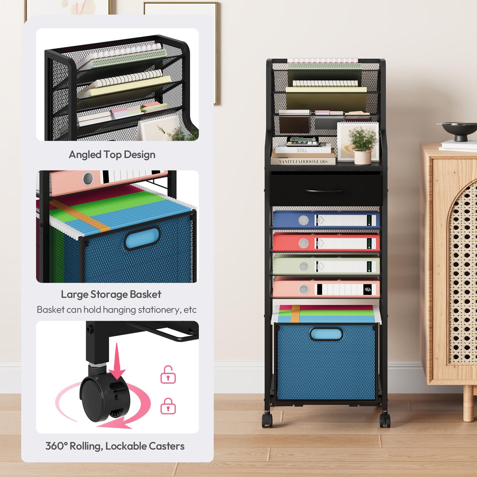 10-Tier Rolling File Cart – Mesh Paper Organizer with Drawer and Hanging File…