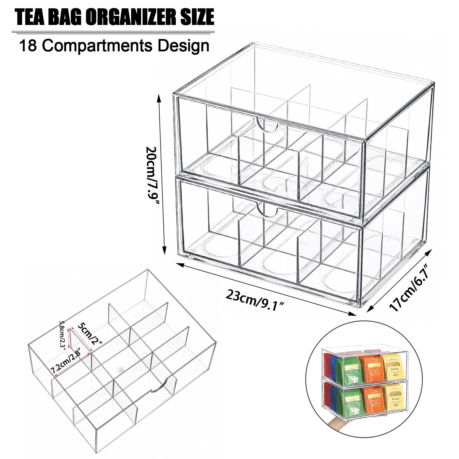 ELLDOO 2 Pack Tea Bag Organizer for Countertop, 9 9 Compartments, Clear