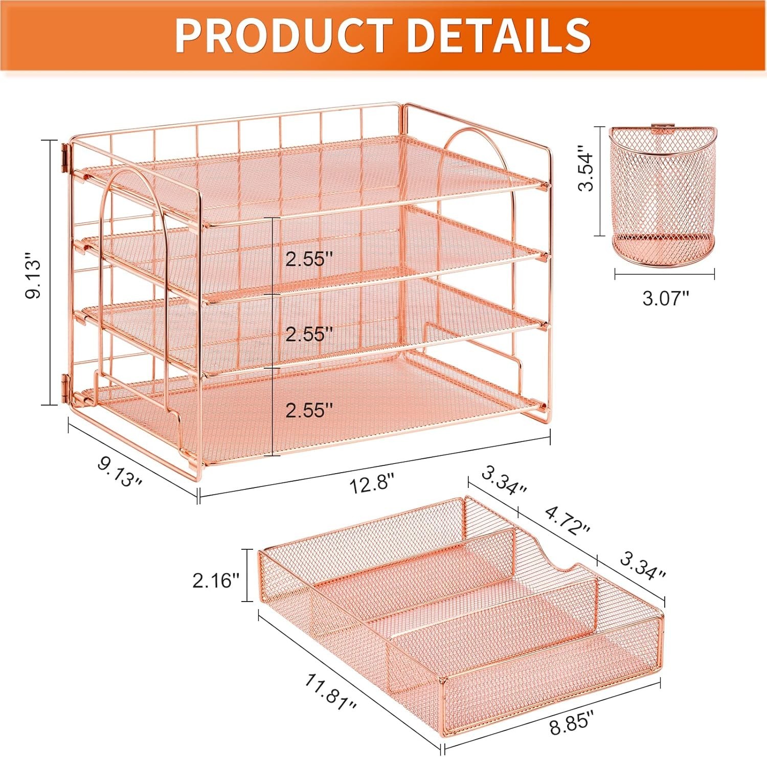 Lavatino Rose Gold 4 Tier Desk Organizer Metal Letter Tray Drawer Set