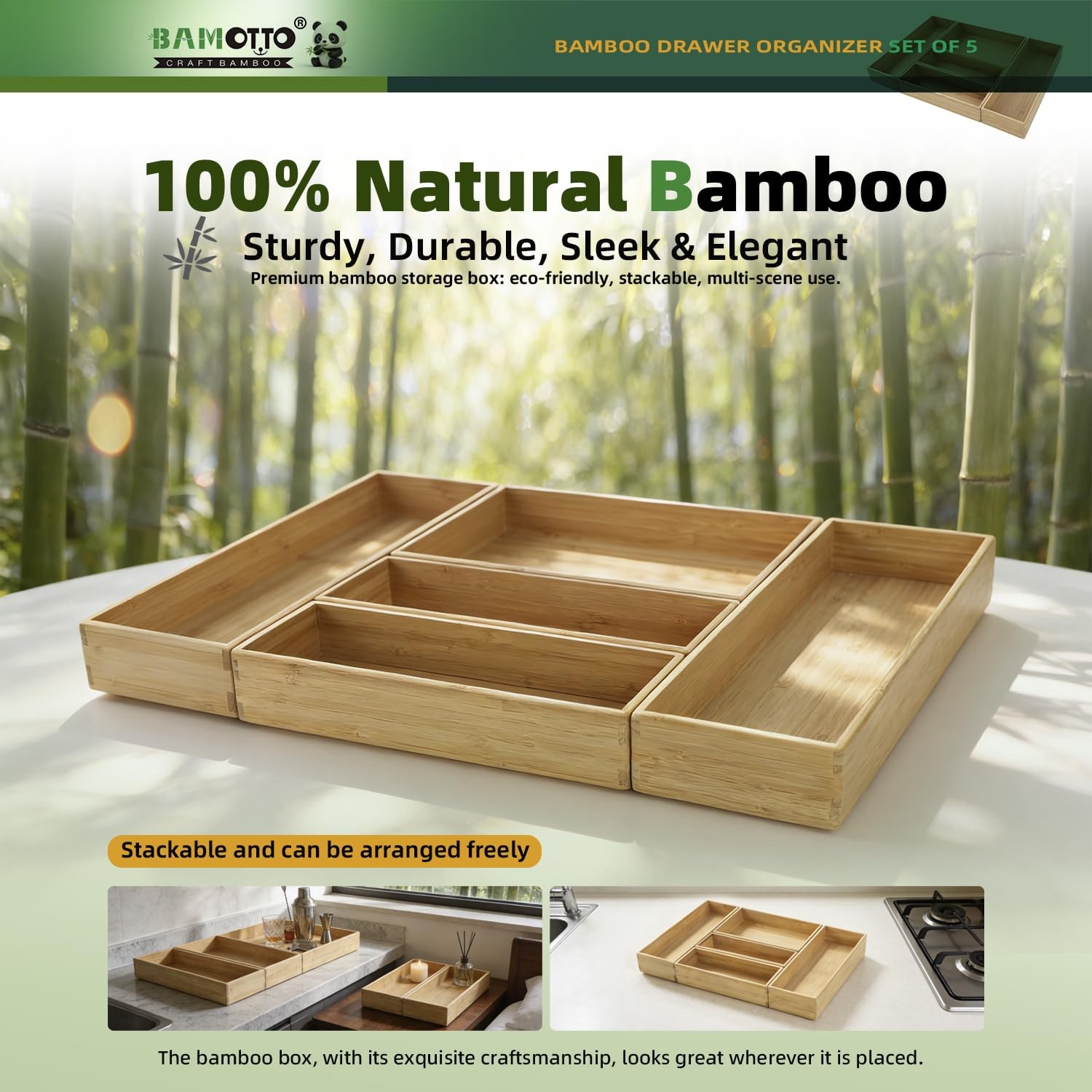 BAMOTTO CRAFTBAMBOO Stack 19.2″ L x 13.3″ W x 2.2″ H, Bamboo (5 Piece Set)