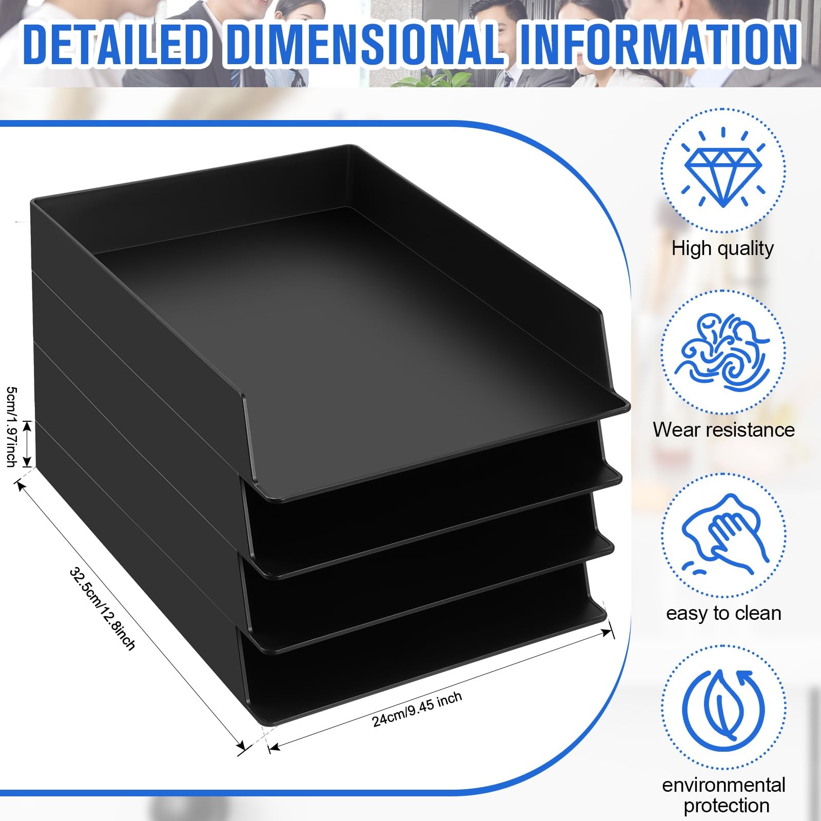 Stackable Paper Trays Rectangular Plastic Desktop File Organizer Black 4 PCS