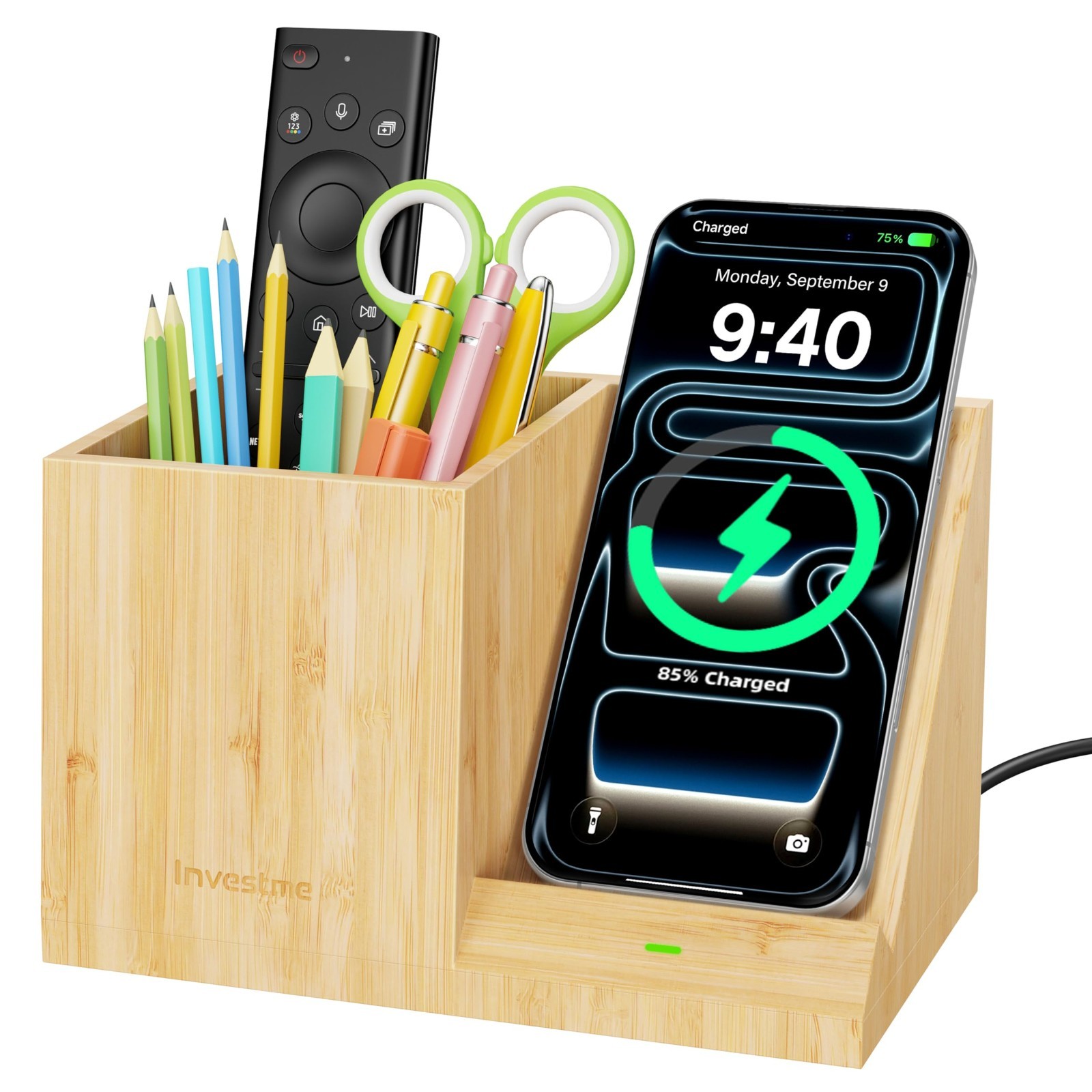 Multifunctional Bamboo Desk Organizer with Wireless Charger & Pen Holder – Fast