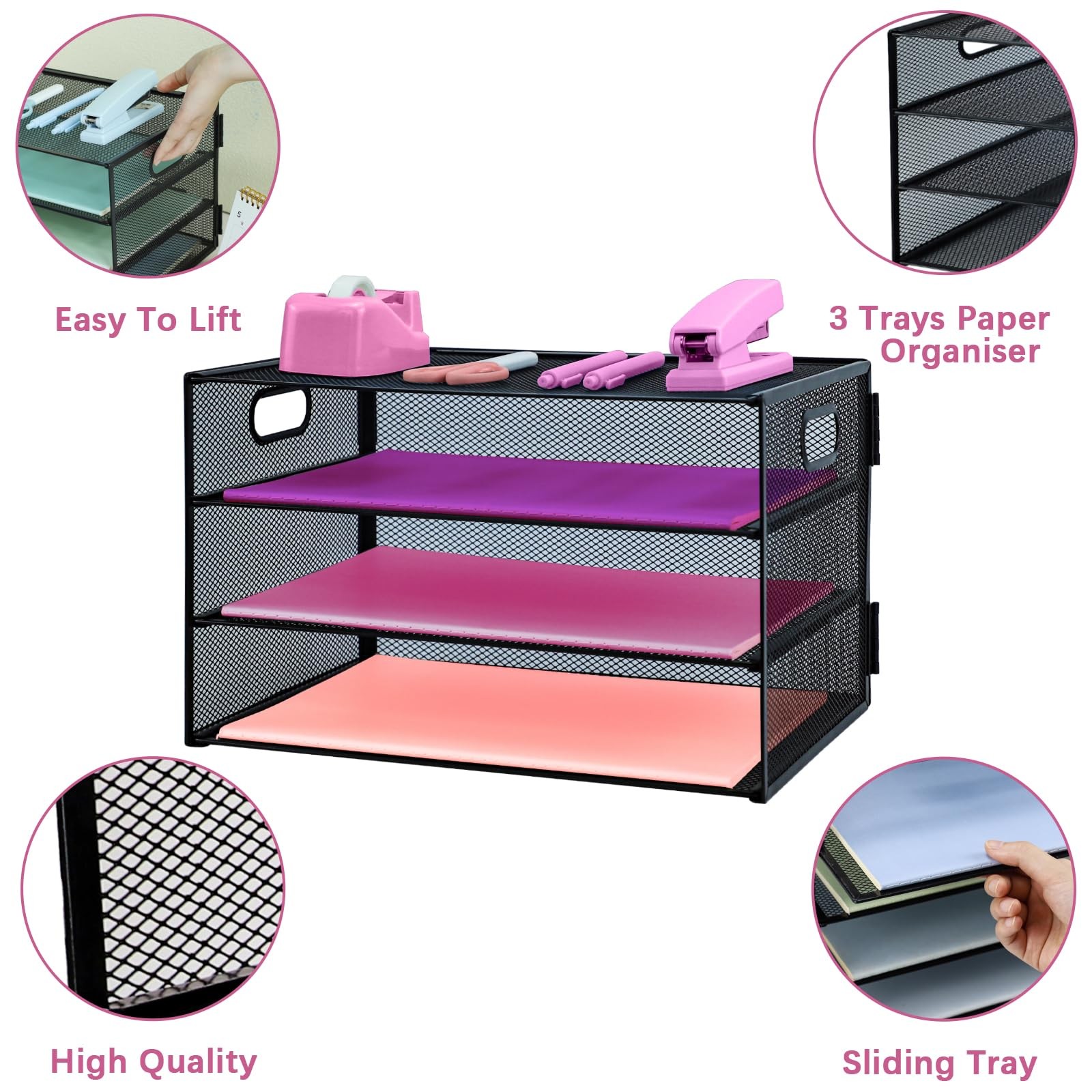 ideallife 3 Tier Lettrer Tray Organizer, Metal Mesh Desk File 3 Tier, Black