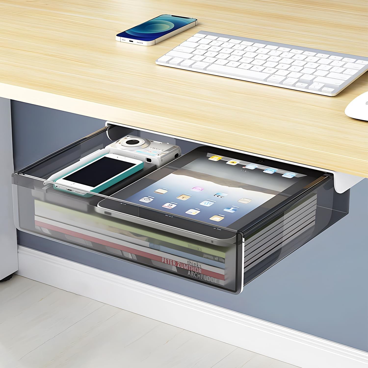 Large Under Desk Table Drawer Storage Organizer A4 Hidden SelfAdhesive Tray