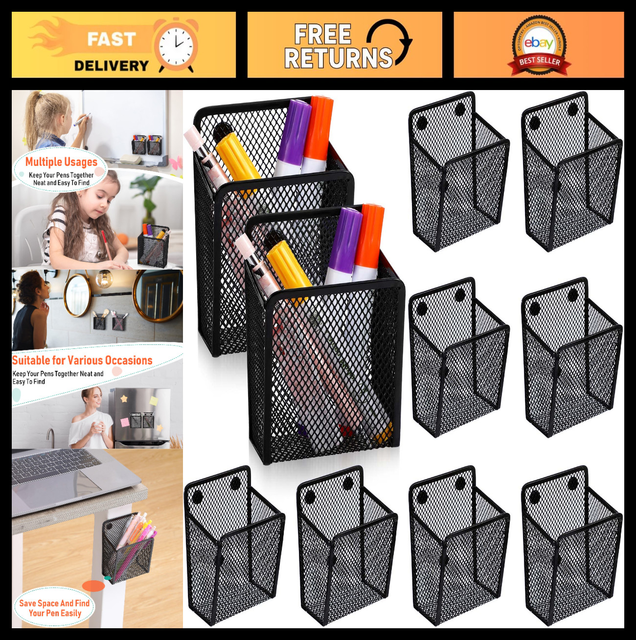 10pcs Magnetic Pen Holder – Stainless Steel Writing Utensil Organizer for Office