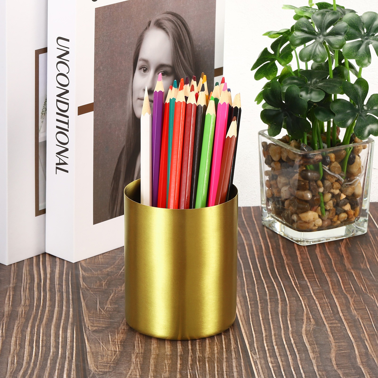 2x Pencil Holder Pen Holder for Desk Stainless Steel Pencil Holders Cup Golden