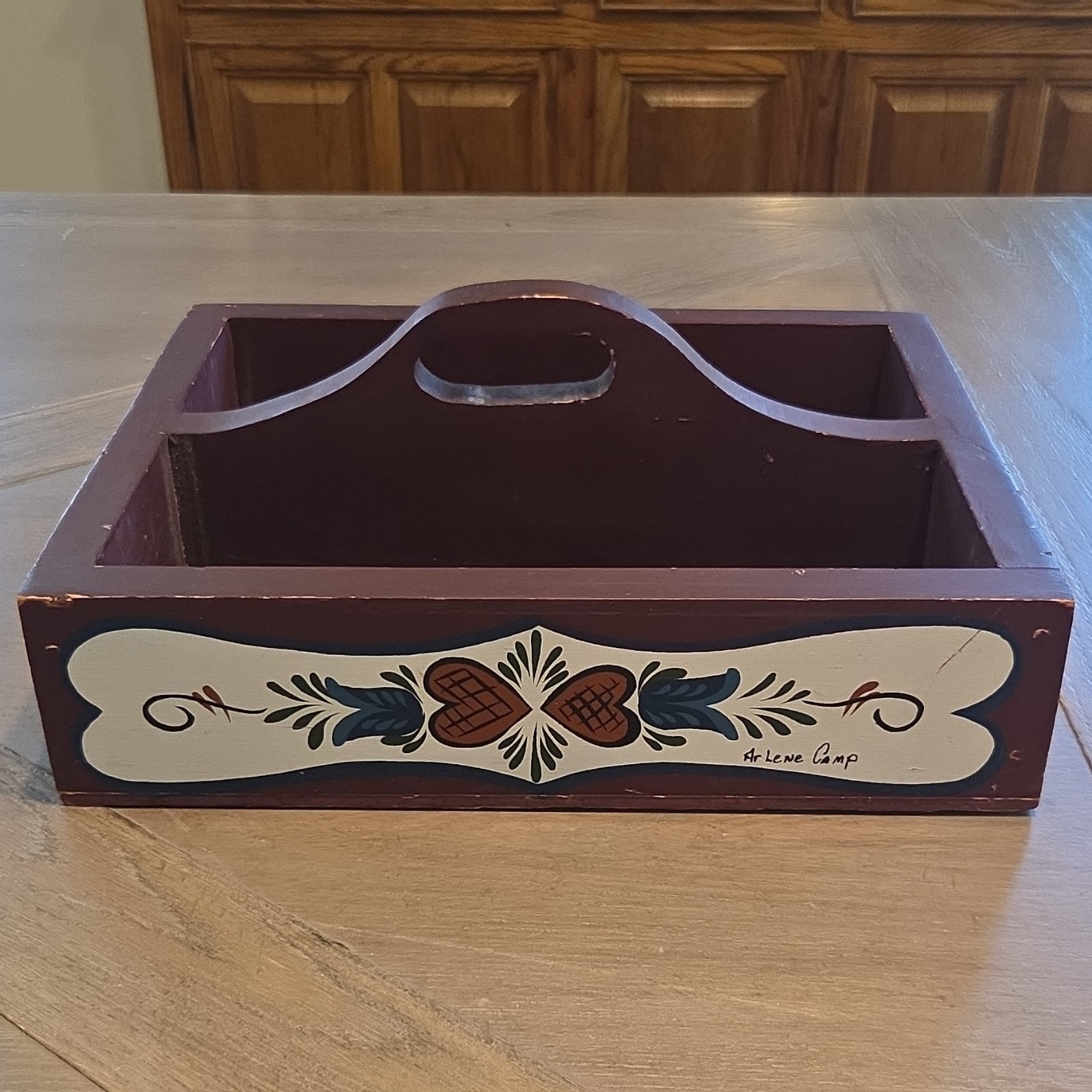 Rustic Wooden Folk Art Caddy signed Arlene Camp