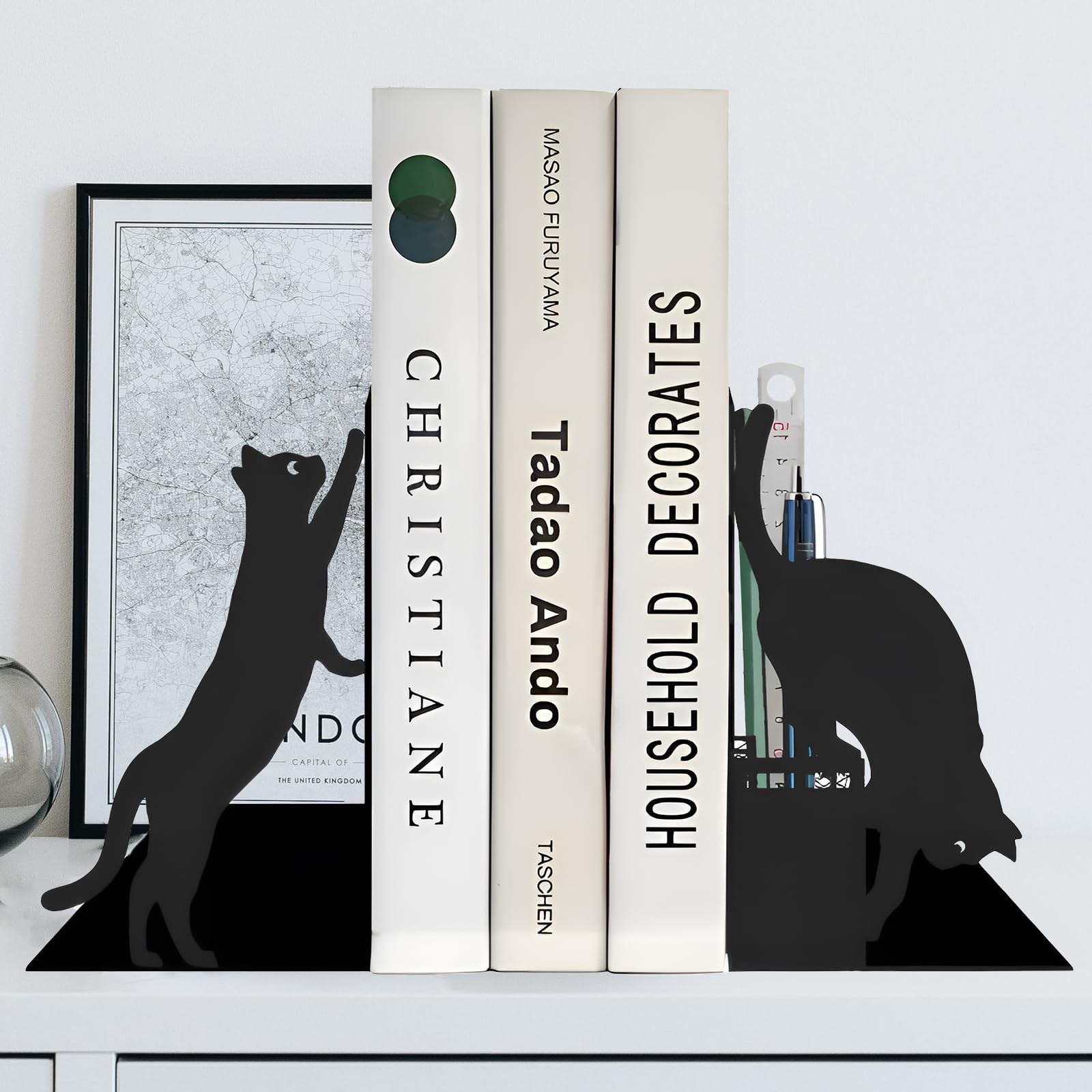Cat Book Ends for Shelves, Metal Decorative with Pen Black