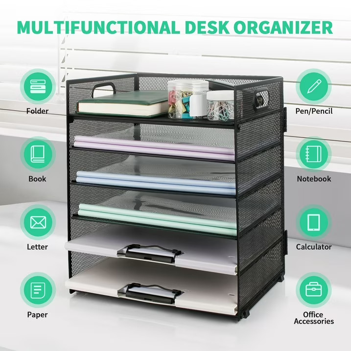 6-Tier Metal Mesh Desk Organizer with Handle Paper Letter Document Tray Black