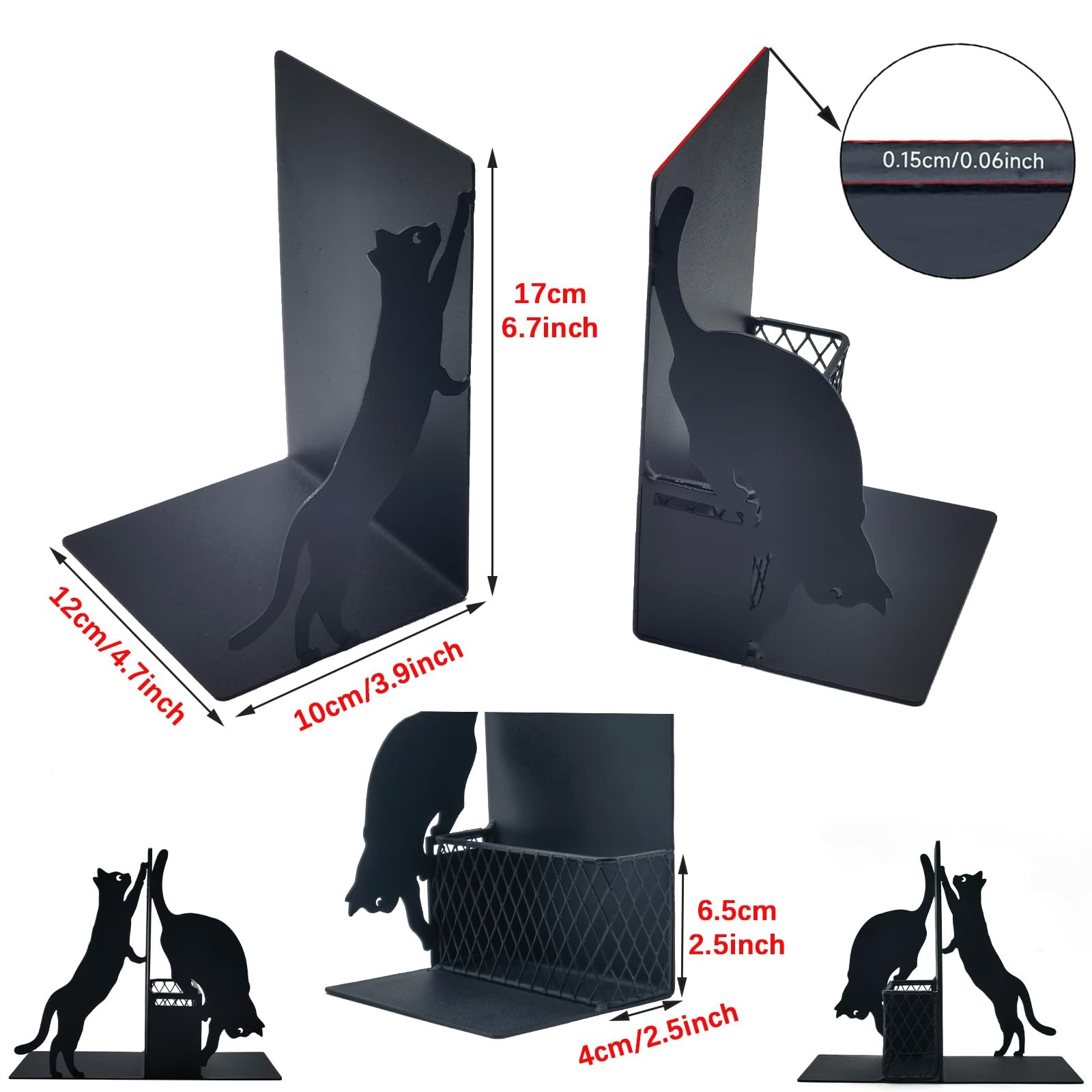 Cat Book Ends for Shelves, Metal Decorative with Pen Black