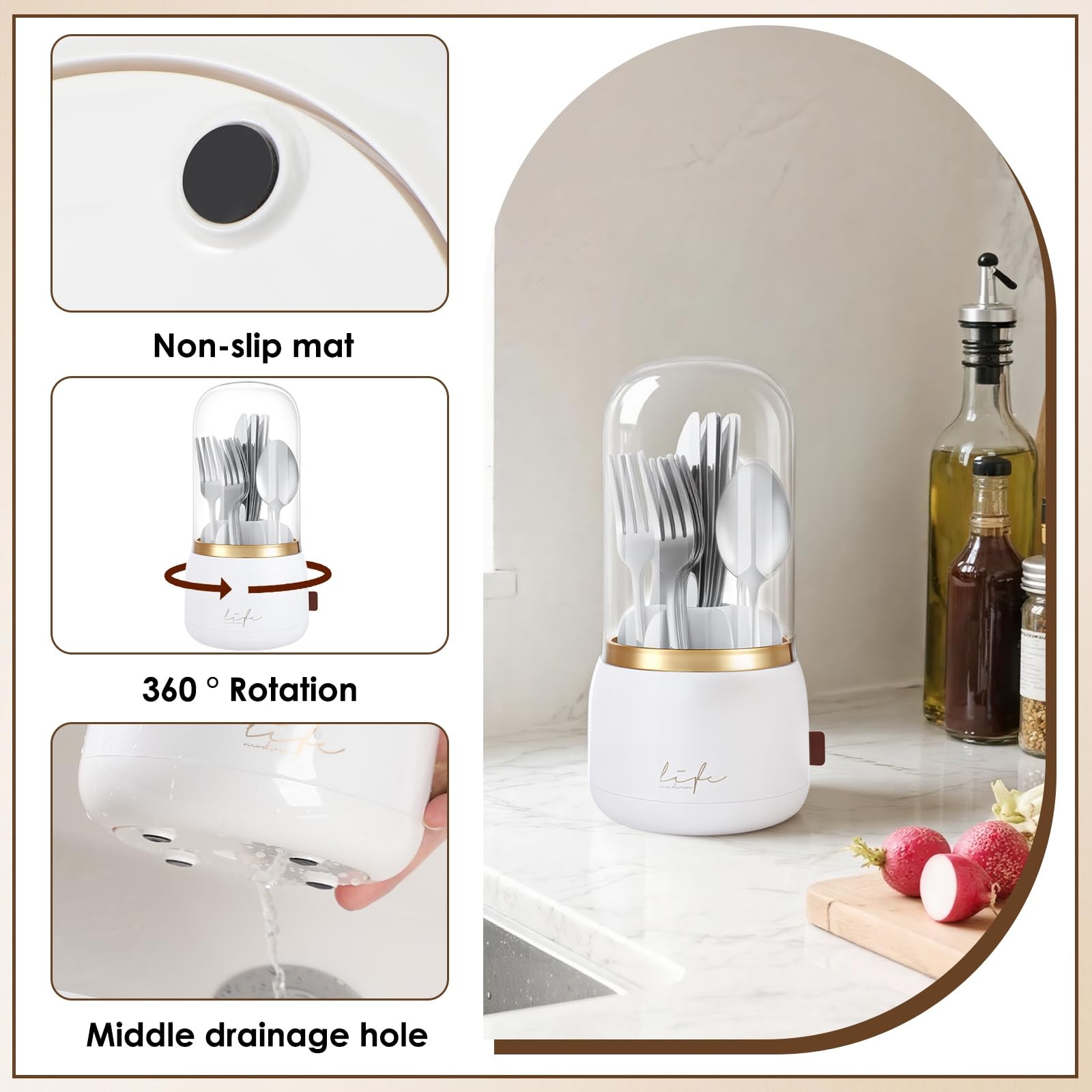 EXIN DECHEN 360° Rotation Silverware Organizer for Kitchen White