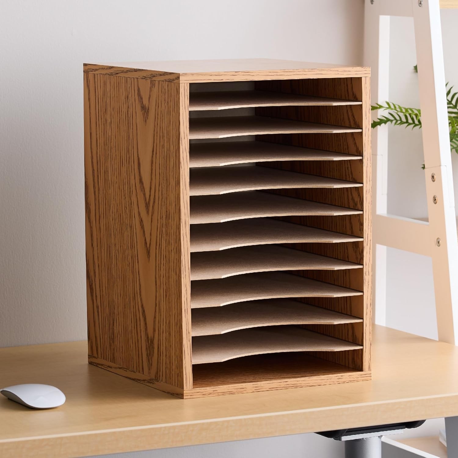Vertical Desktop Sorter, Wooden Paper Organizer for Home Office and Medium Oak