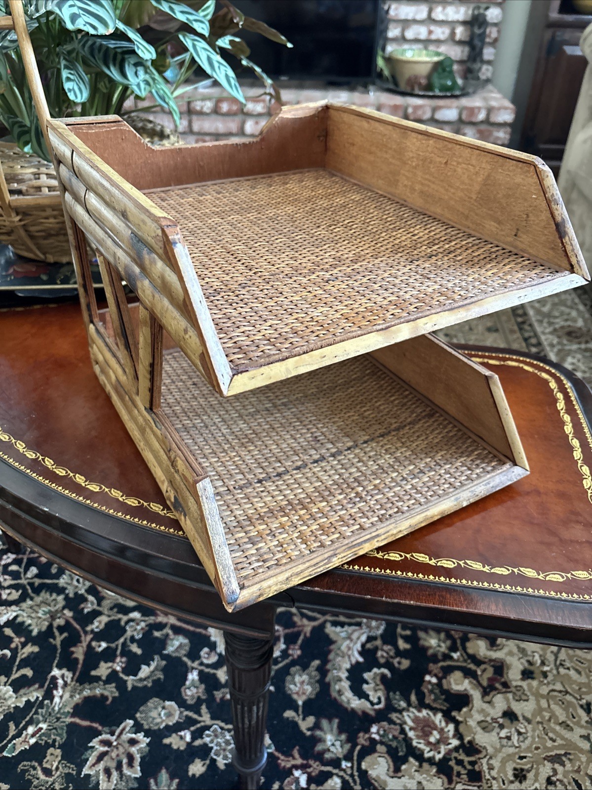 Bamboo Woven Rattan 2 Tiered Desk Organizer, Burnished 🔥 Good Condition