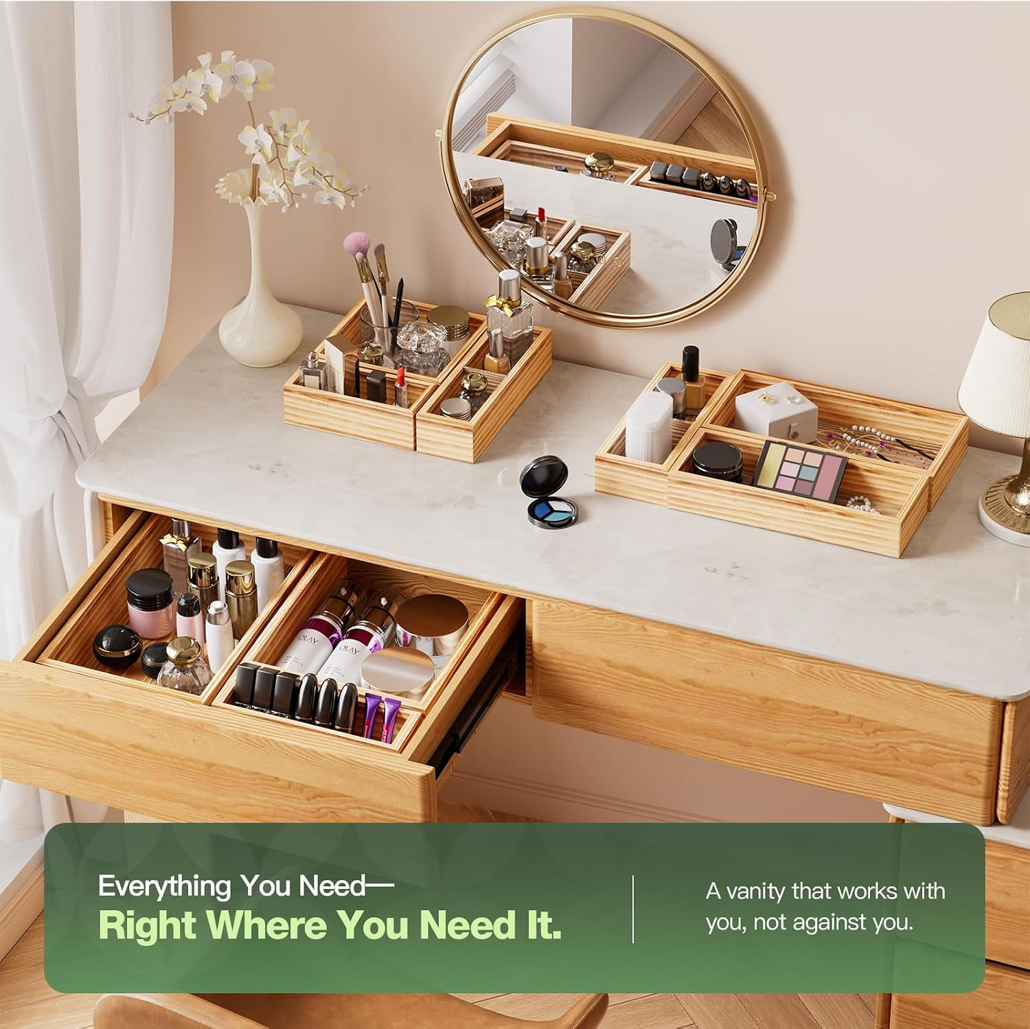 9-Pack Solid Wood Junk Drawer Organizer, Modular Desk Drawer Tray & Accessories