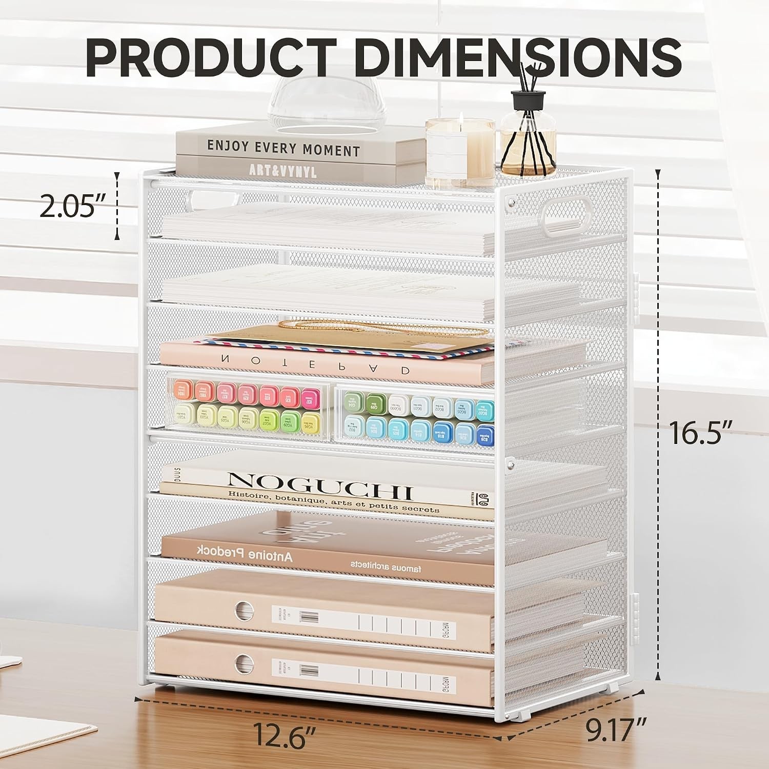 SUBEKYU 9 Tier Paper Letter Tray Desk Organizer with Handles – White Metal Mesh
