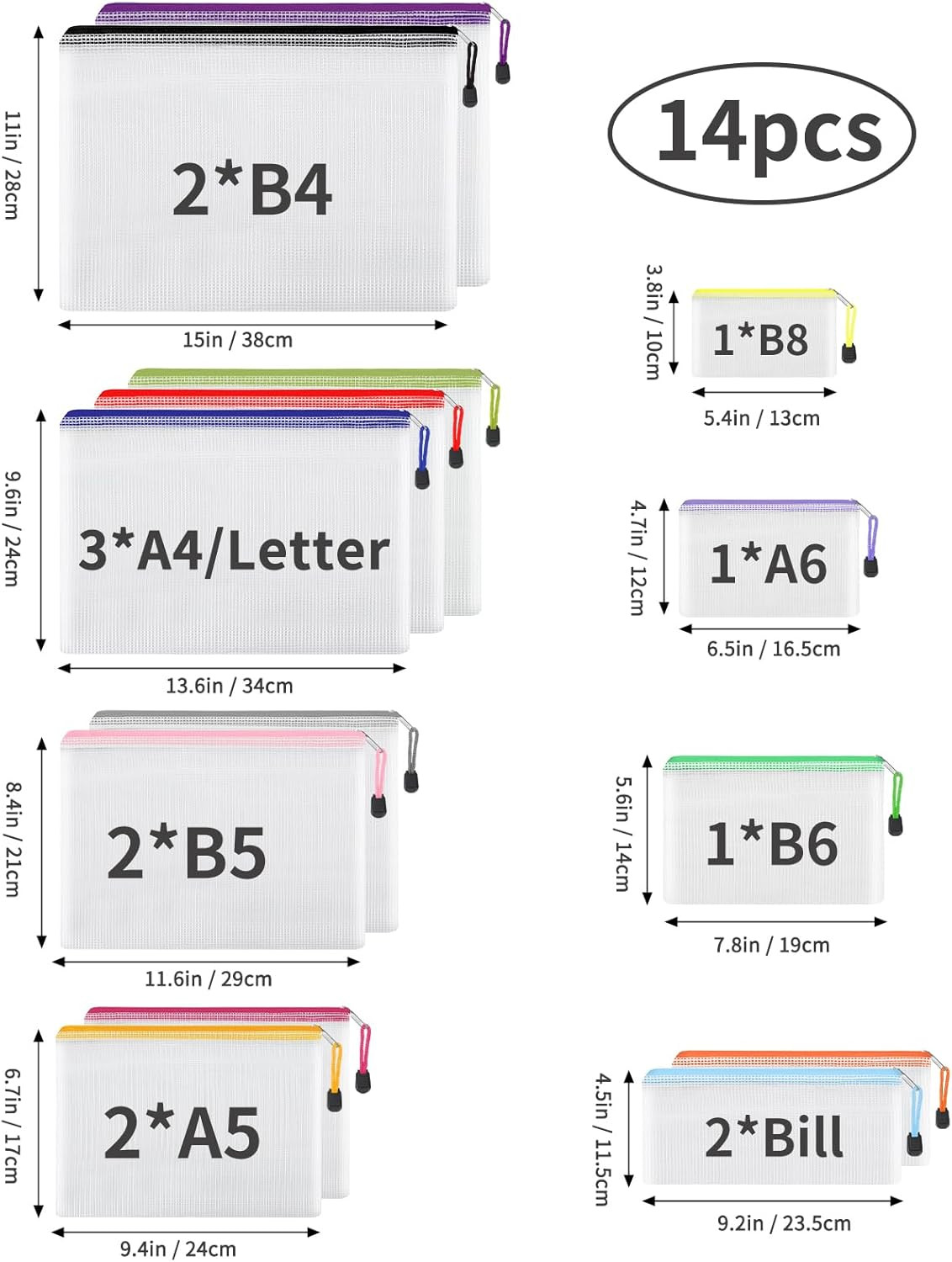 14Pcs Zipper Pouches for Organizing, 8 Sizes 14 Colors Waterproof Mesh Bags