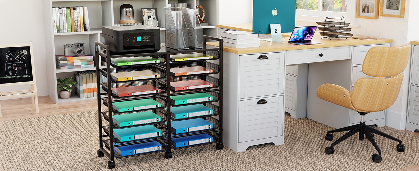 15-Tier Rolling File Cart, Desk File Organizer with 14 Mesh Sliding Trays,