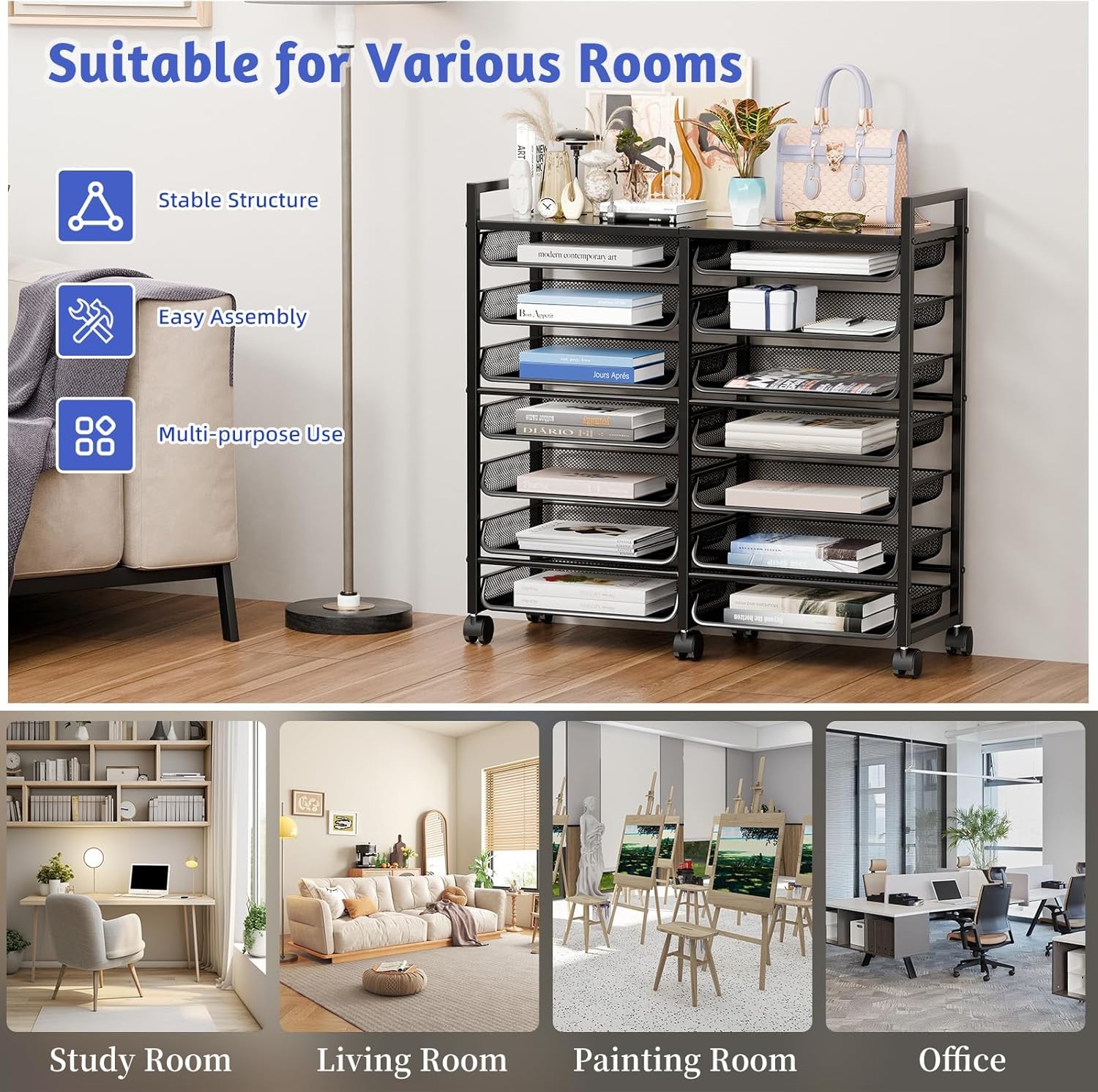 15-Tier Rolling File Cart, Desk File Organizer with 14 Mesh Sliding Trays,