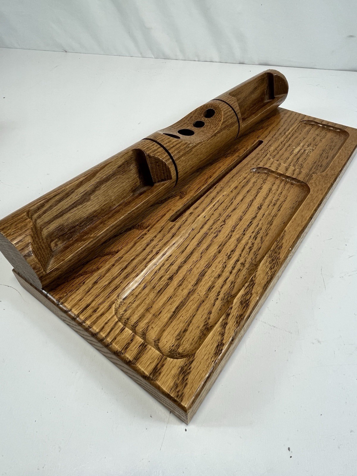 Wooden Desk Organizer 14″ x 8″ Oak Heavy MCM Business Cards Pencils Notes