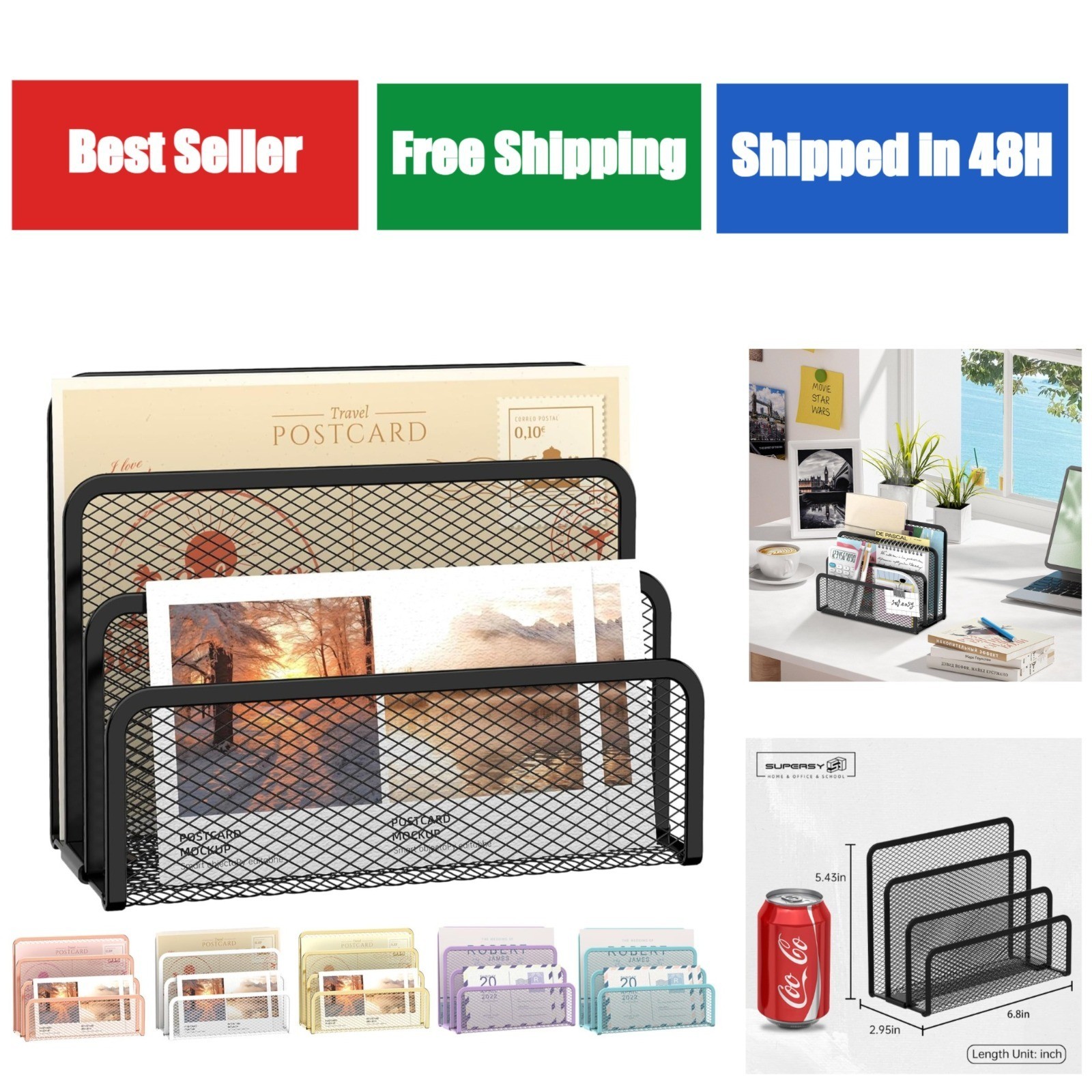 Mail Organizer for Desk – 3-Slot Mesh Metal Holder, Black