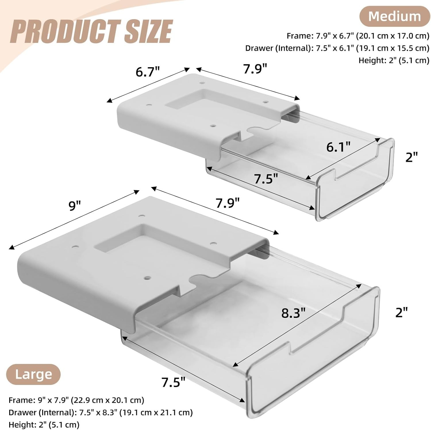 2 Pack Under Desk Storage Drawers Slide Out-Drill-On or Self-Adhesive,Large&M…