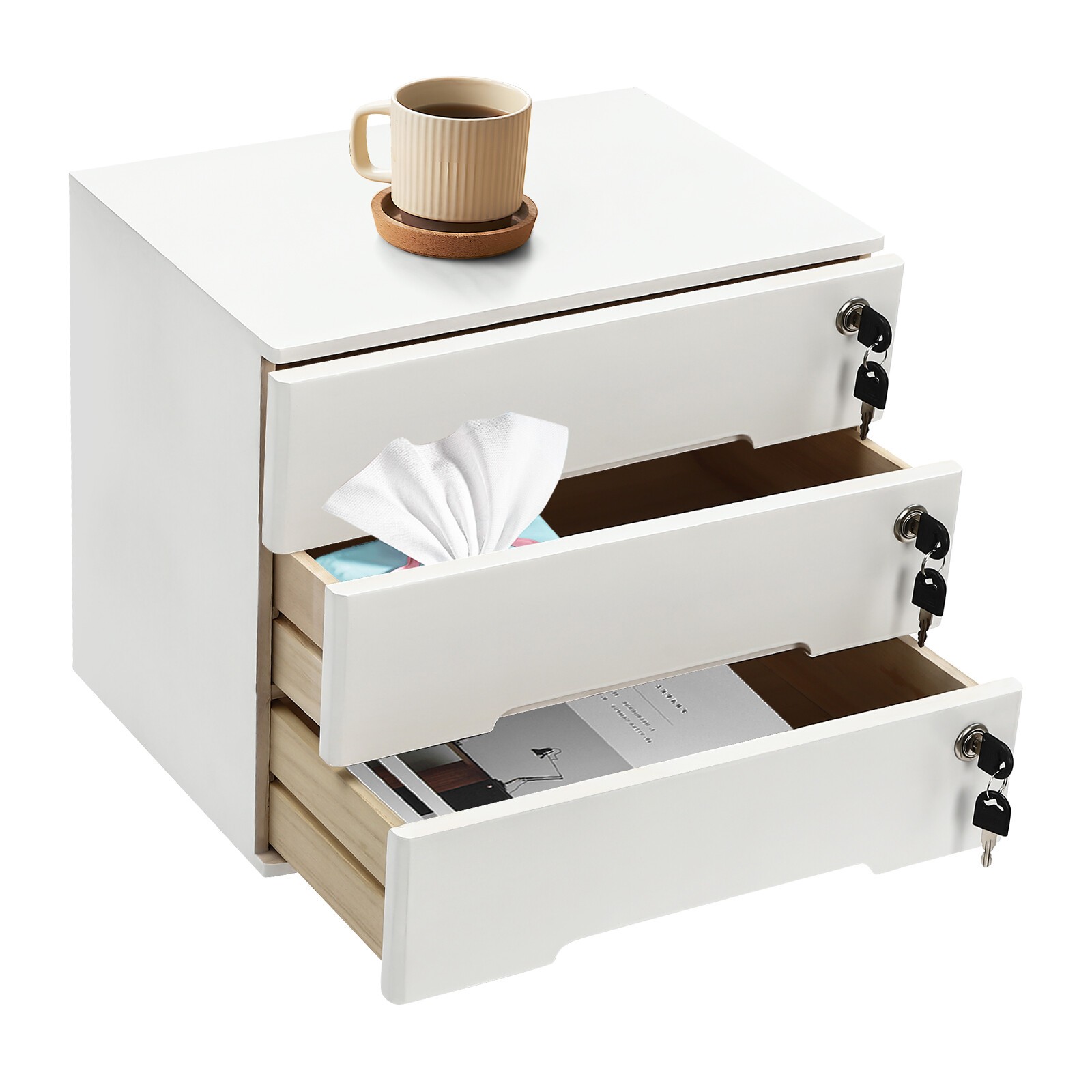 White Wooden Desktop Storage Box With Lockable Drawers Office Flat File Cabinet