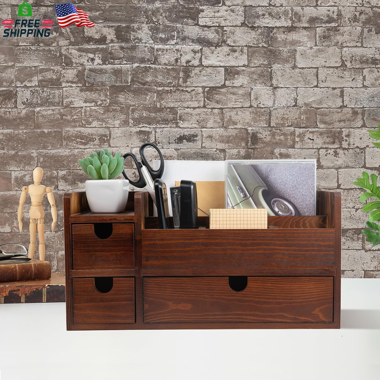Rustic Brown Wooden Desktop Organizer Drawers Removable Office Supplies Torched