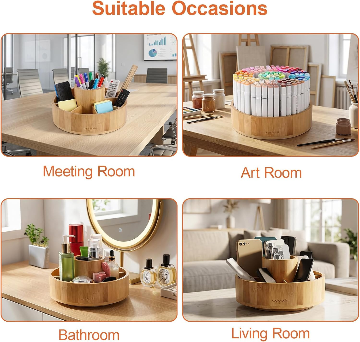 Marker Organizer Rotating Bamboo Desk Organizer, Silent 360° Rotation Caddy, 10