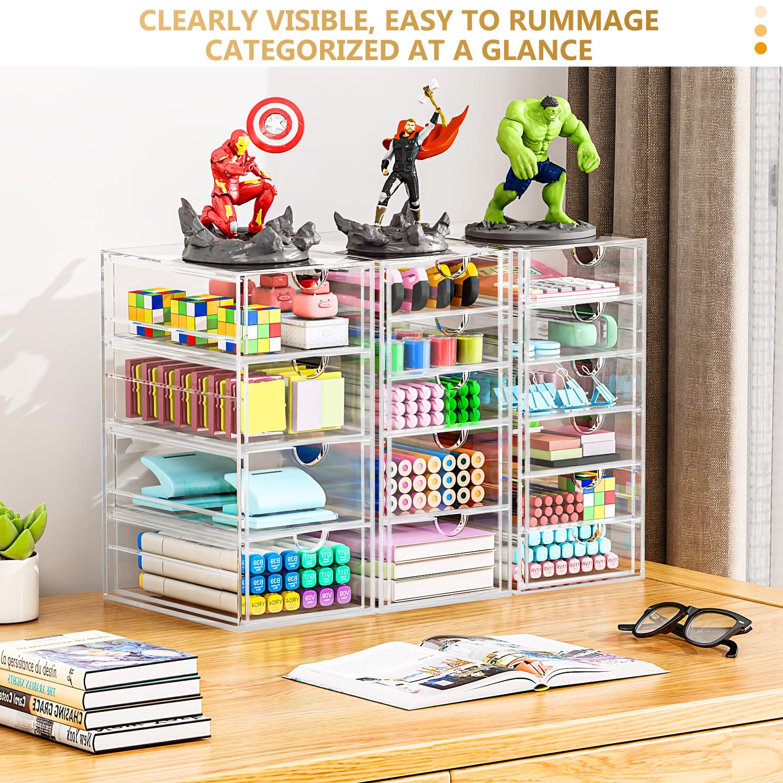 Acrylic 3 Pack Desk Organizers and Accessories, Makeup 15 Drawers, Clear