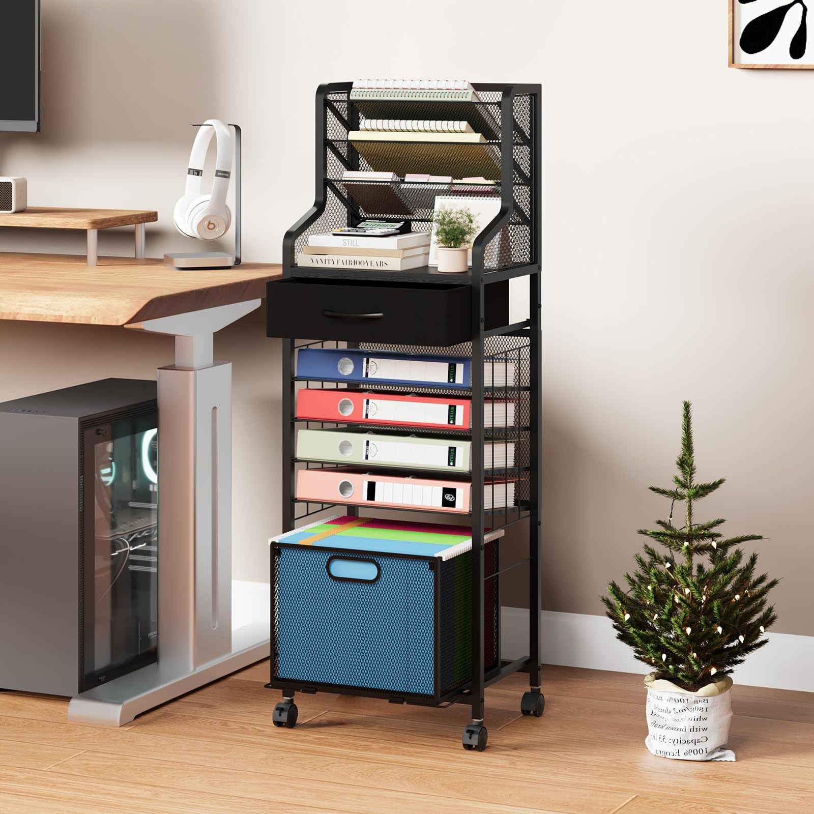 10-Tier Rolling File Cart – Mesh Paper Organizer with Drawer and Hanging File…