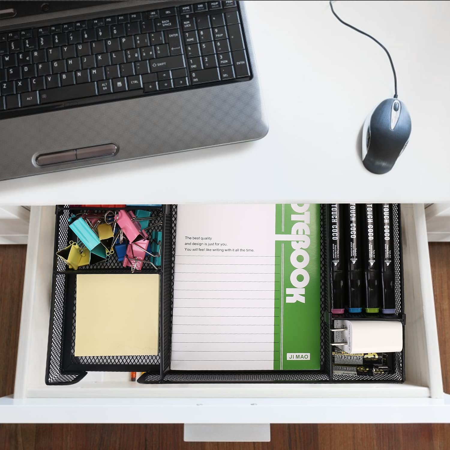 Desk Drawer Organizer Tray, 6Grid Metal Mesh, Adjustable Compartments