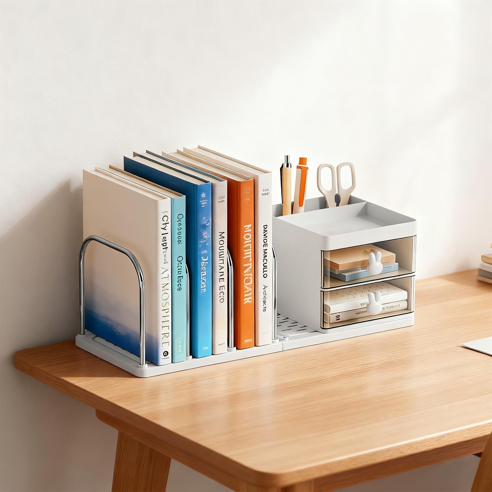 Desk Organizer with 2 Drawer, Desktop File 4 Bookends, White