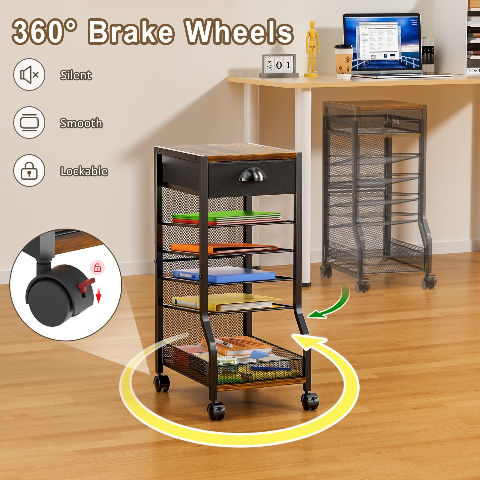 6-Tier Rolling File Cart with Drawer, Under Desk Storage with Letter Sliding …