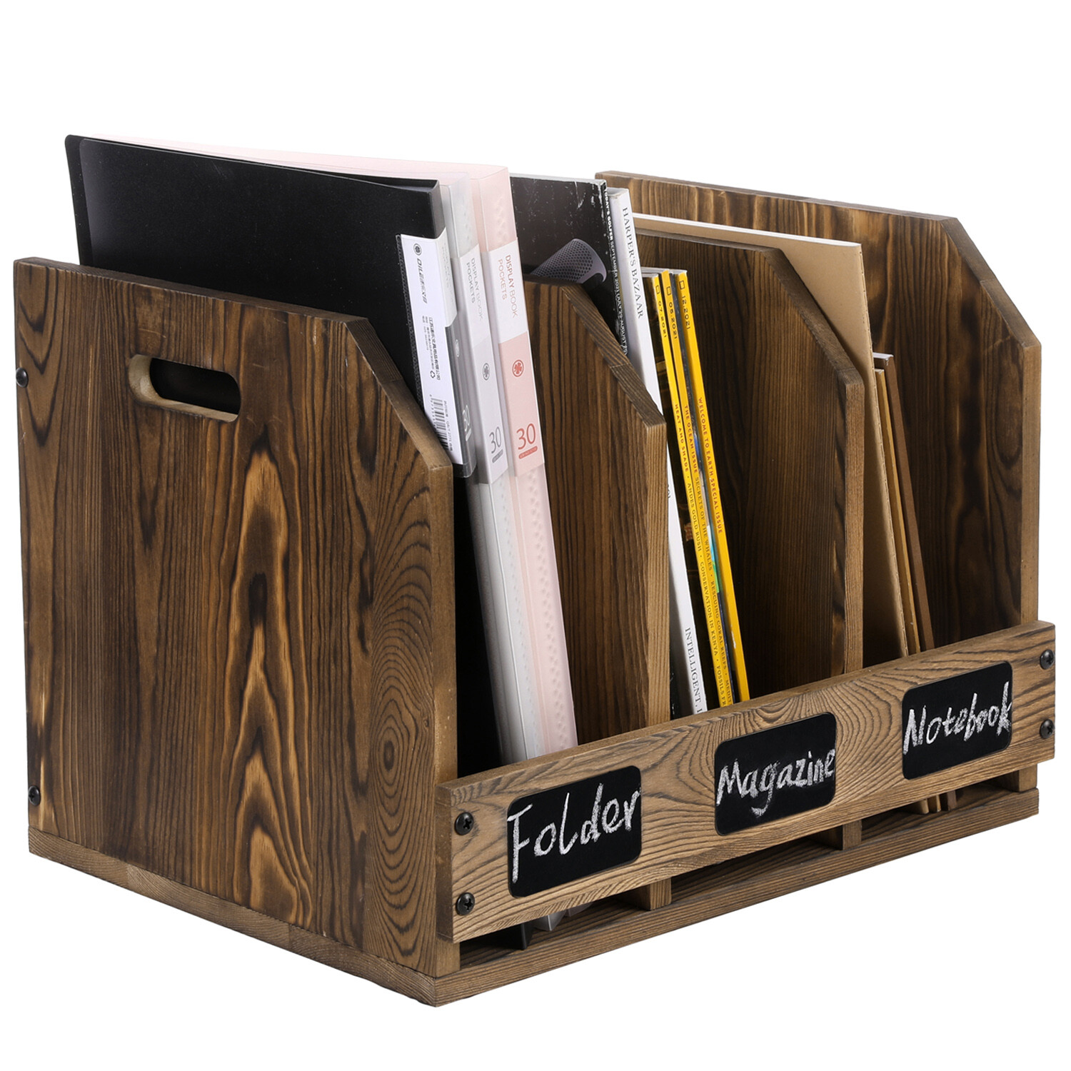 Rustic Burnt Brown Wood Office Document Folder Binder Storage Organizer Rack