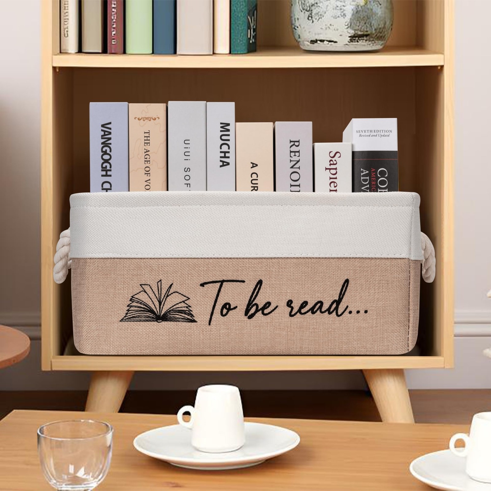 TBR Book Storage Basket To Be Read Organizer Bin Bookish Gift Khaki Decor