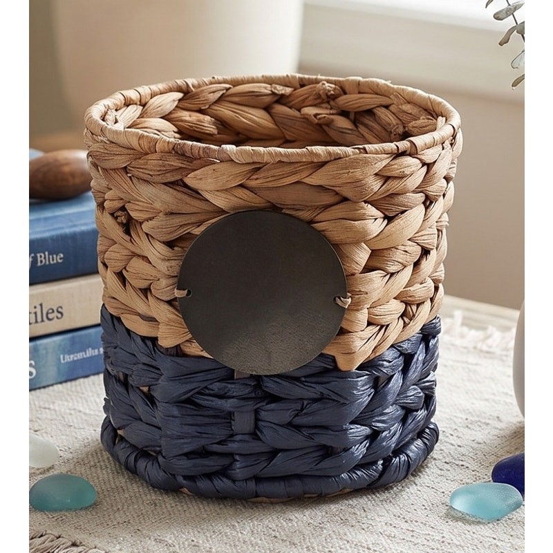 Thirty One Storage Basket 6” Tall Tan Blue Woven Wicker New Chalk Sign