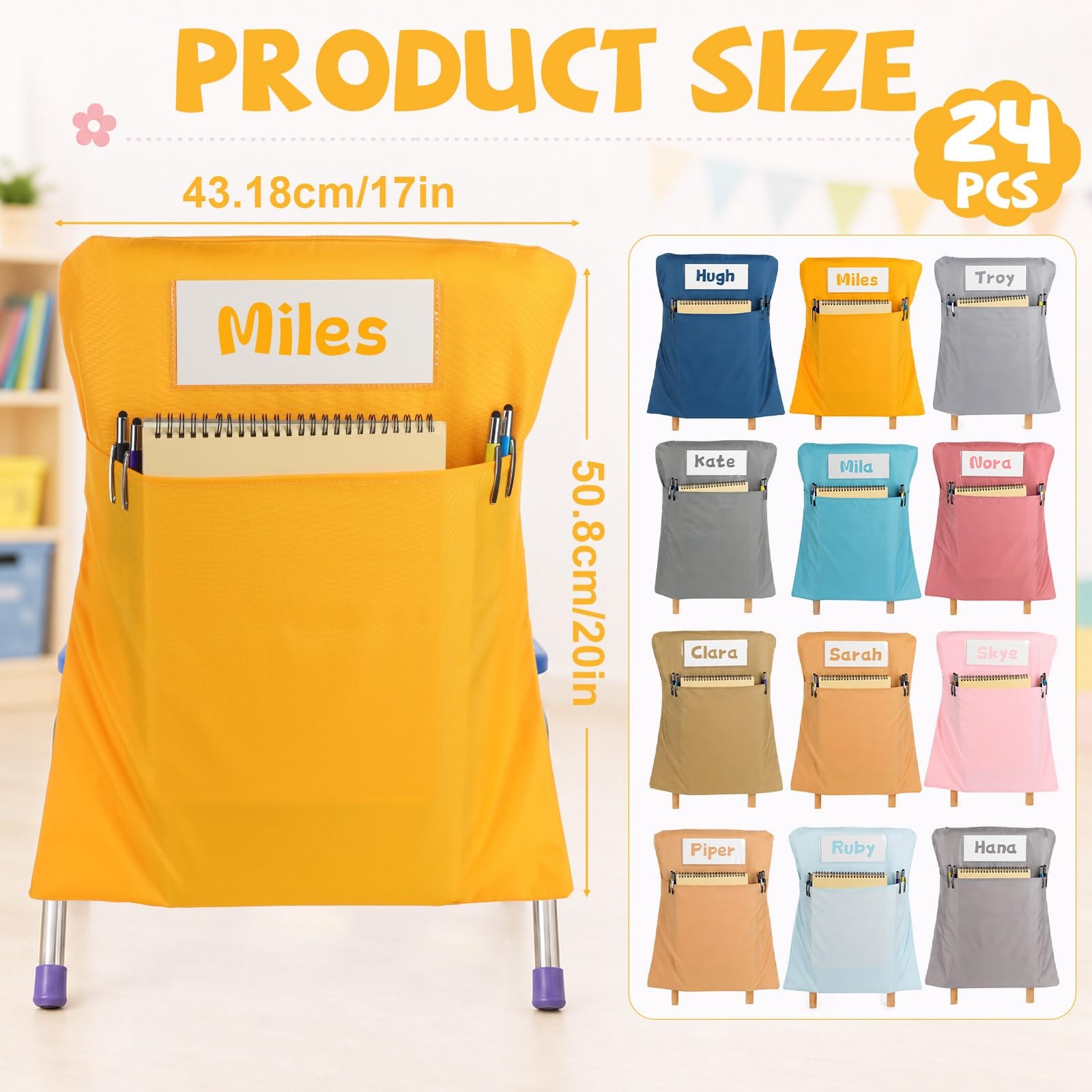 24 Pcs Chair Pockets for Classroom 17×20 Inch Classrooms with Name Tag Classr…