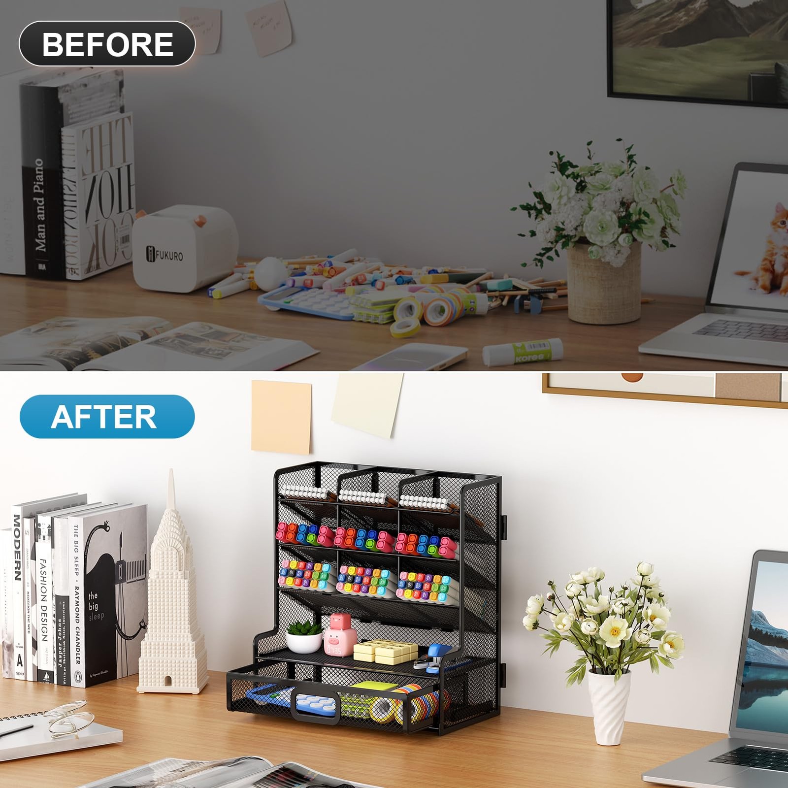 Larger Mesh Desk Organizer with Drawer, Multi-Functional Pen Pencil Holder, E