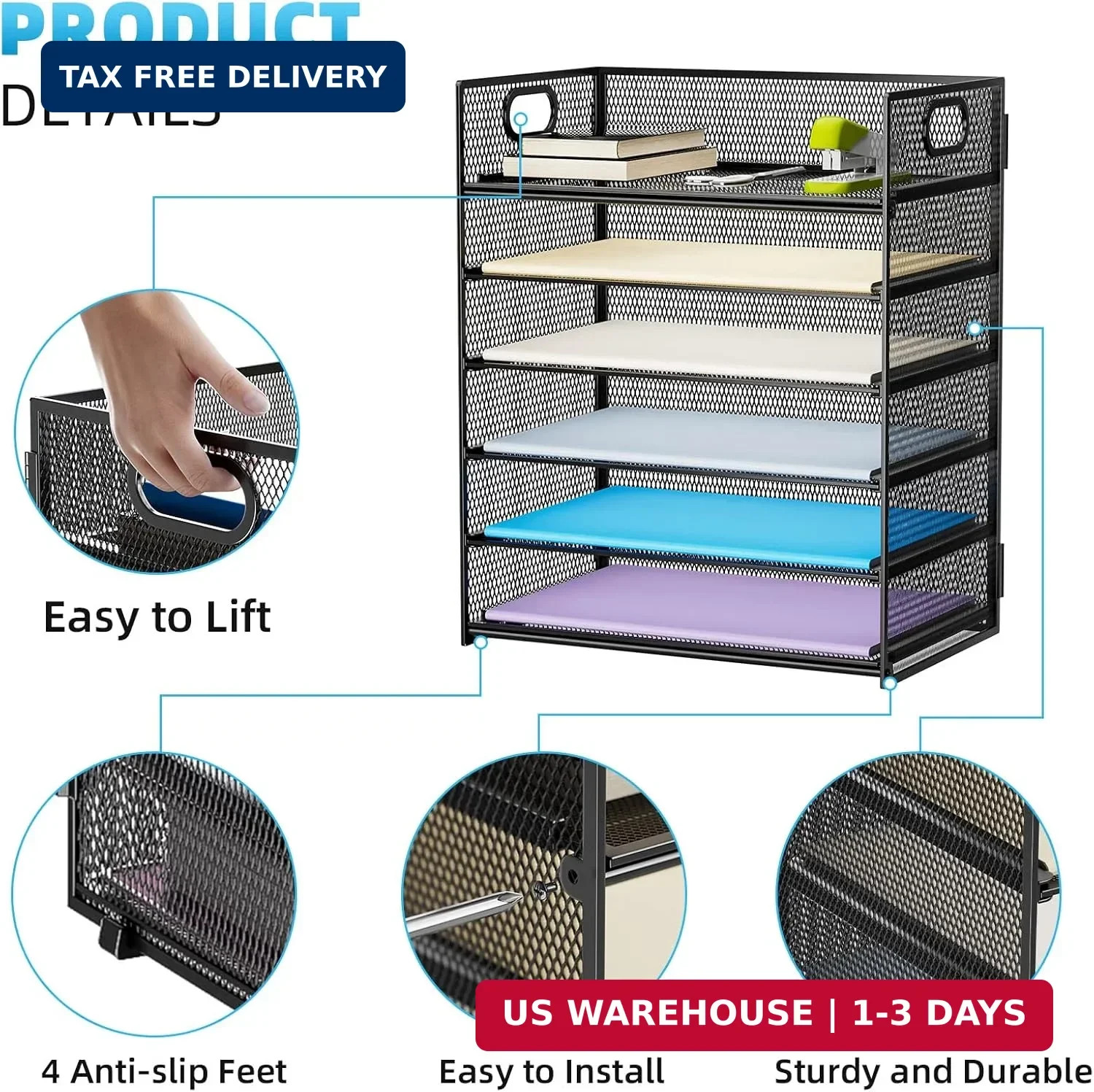 Marbrasse 6 Tier Paper Organizer Letter Tray – Mesh Desk File Organizer with Han