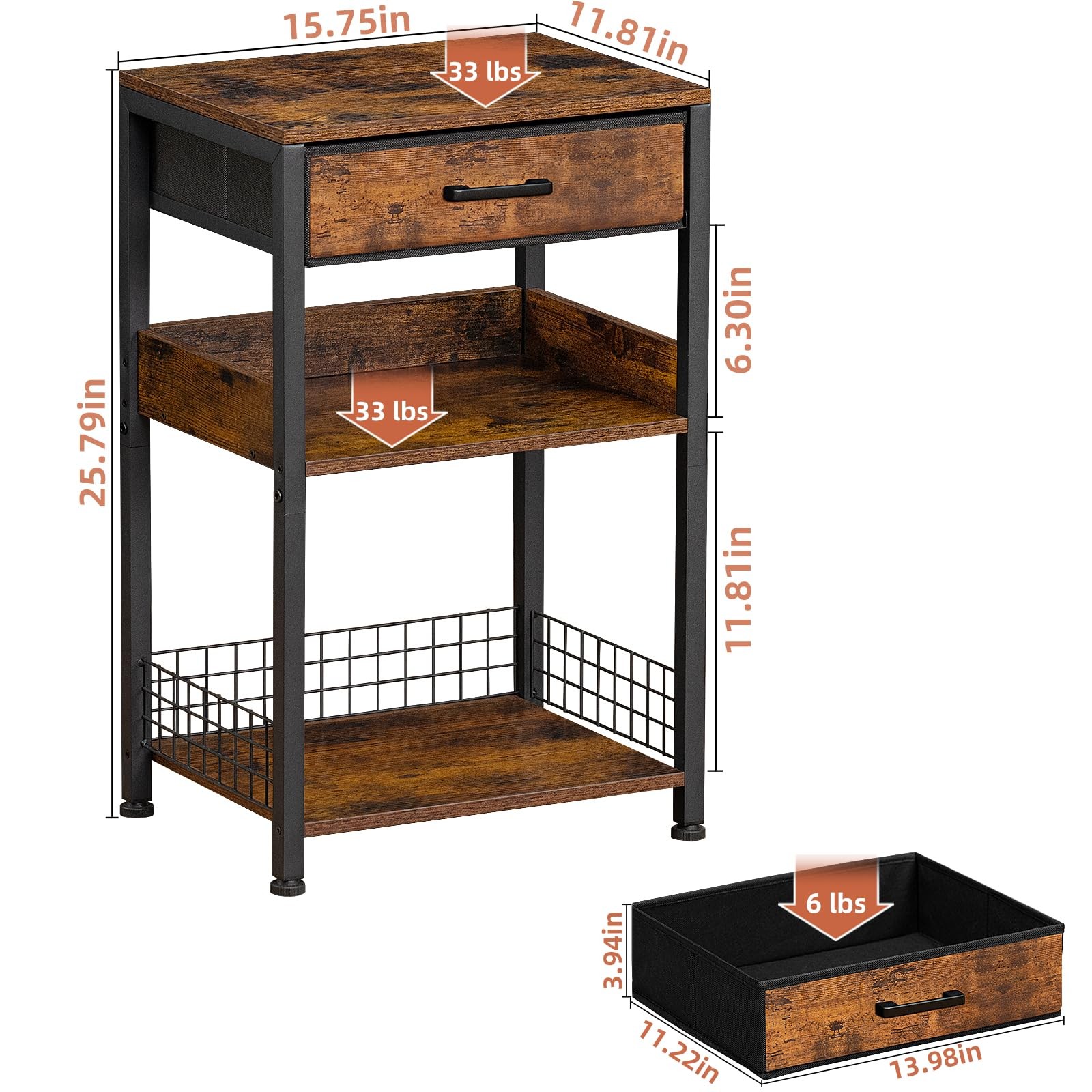 Lerliuo End Table with Fabric Drawer,3 Tier Industrial Wood 1 pack, Brown